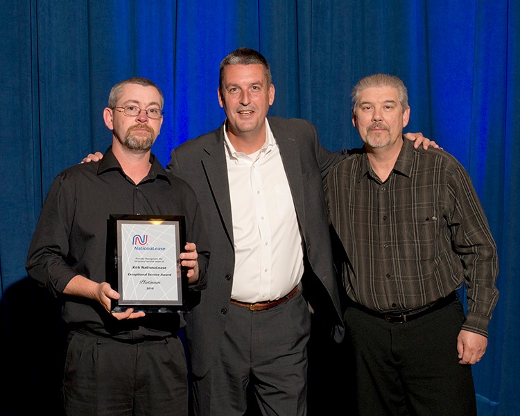 Dean Vicha (center), President of NationaLease, presented the organization’s Exceptional Service Award to 12 NationaLease members during the organization’s annual Maintenance Managers Meeting held in May in Charlotte, NC. Shown above are recipients Randy Johnson (right) of Kirk NationaLease and Eric Poppe (left) of Kirk NationaLease.